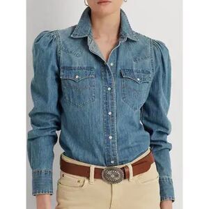 Ralph Lauren Denim Puff Sleeve Western Shirt Pearl Snap Chambray Blouse